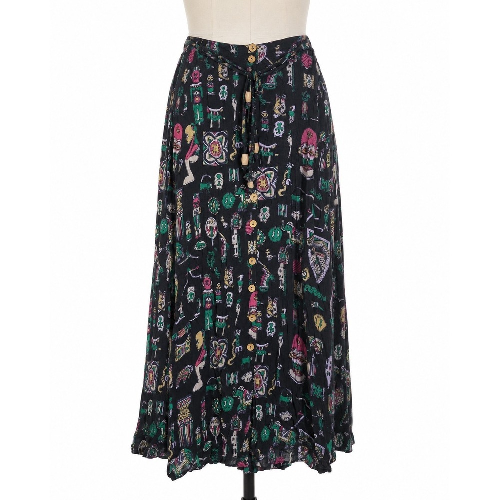 Vintage OIK by M.M.M Women's‎ Medium Tribal Print Button Front Maxi Skirt Wooden